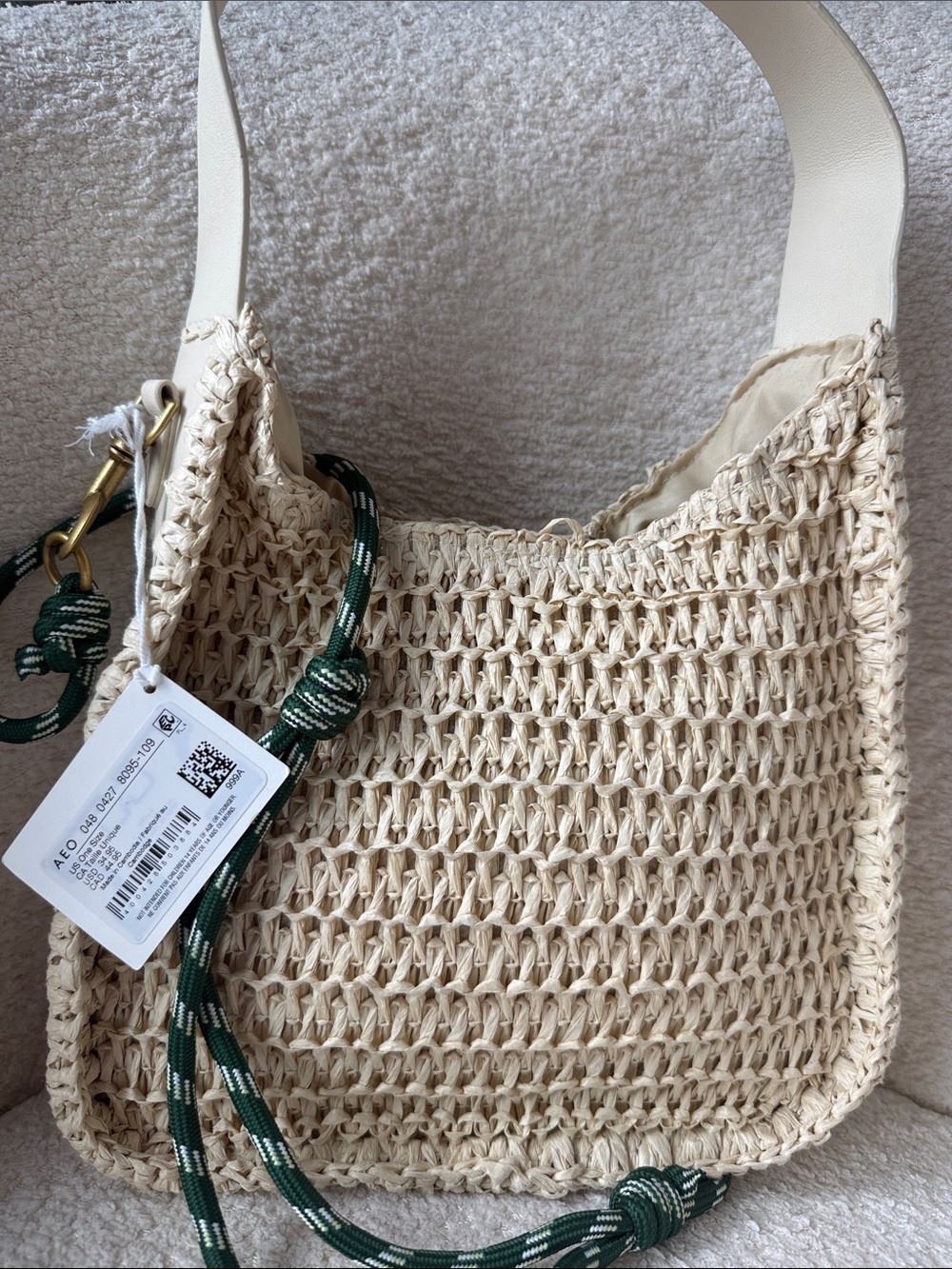 American Eagle Outfitters Cream Woven Shoulder Bag with Green Rope Accent